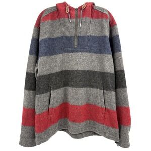 Woolrich Hoodie Mens Large Gray Red Blue Striped Wool USA Made Kangaroo Pocket